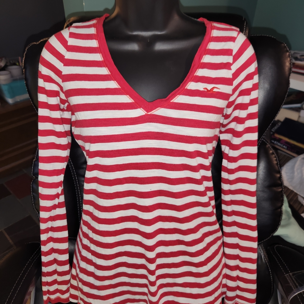 Hollister Red and White Striped V-Neck Long Sleeve Tee
